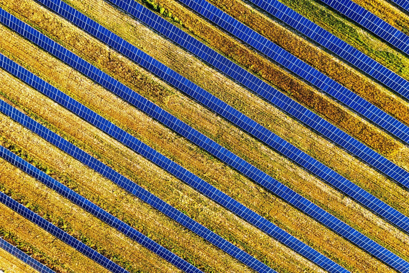 Aerial view of a utility-scale solar farm with rows of blue photovoltaic panels.