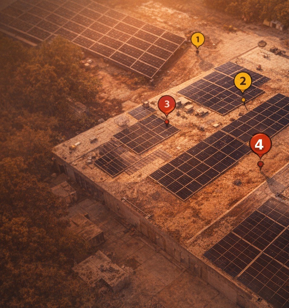 Aerial view of a solar site inspection with numbered pins marking findings.