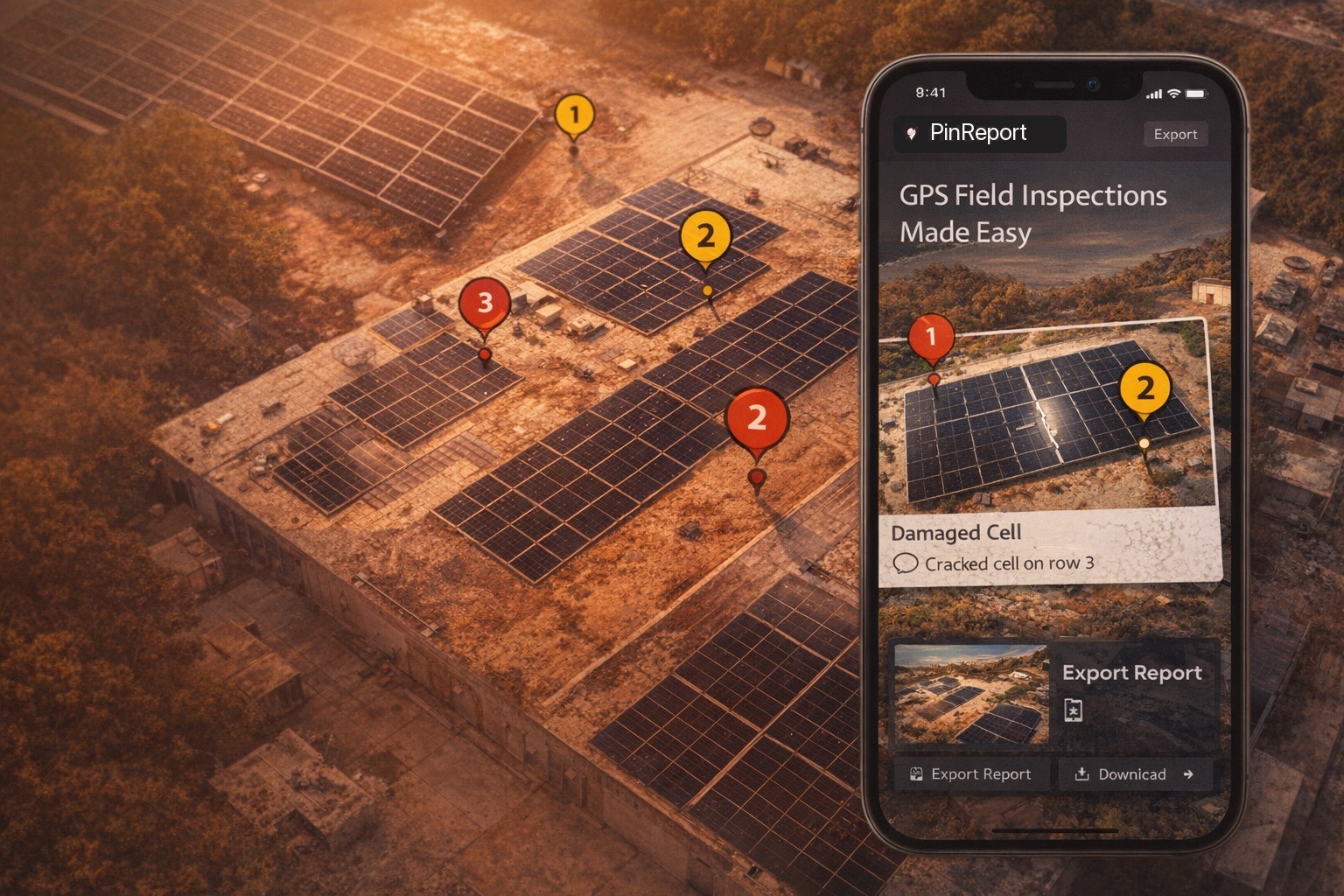 PinReport concept showing a rooftop inspection with numbered pins and an iPhone overlay.
