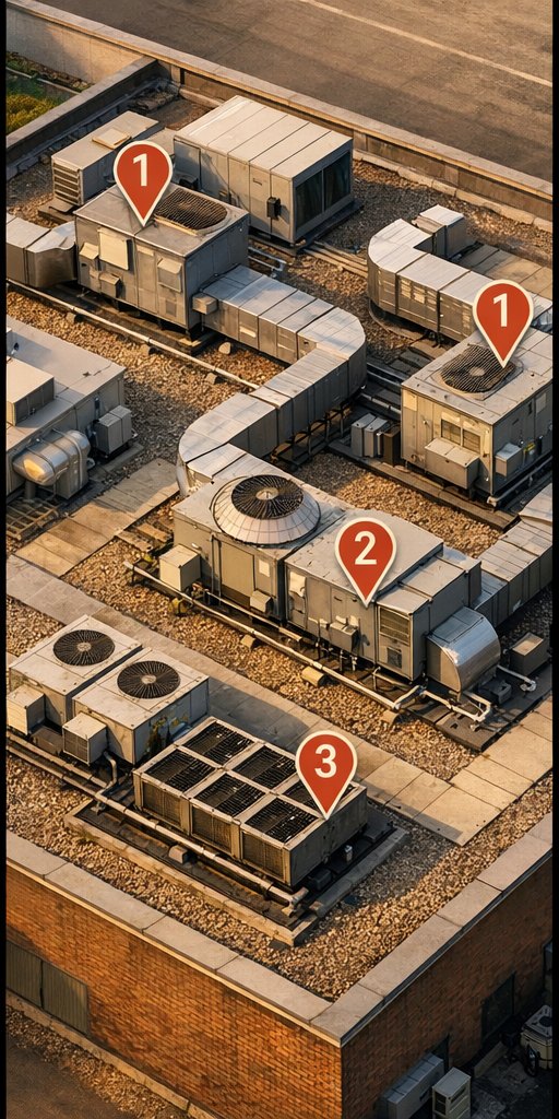 Rooftop mechanical inspection scene with multiple HVAC units and numbered pins.