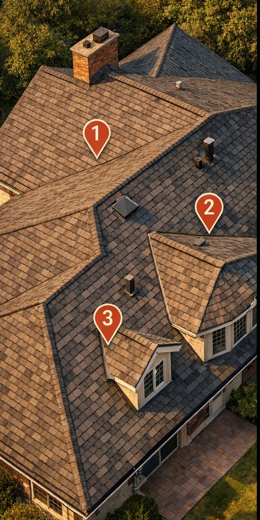 Large residential roof inspection scene with numbered pins marking roof features.