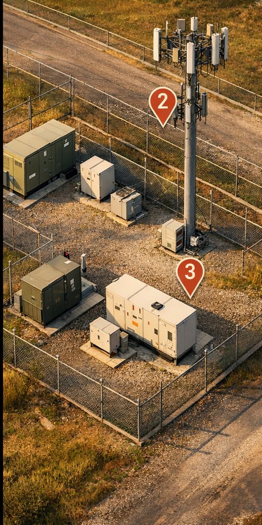 Utility and telecom inspection corridor with equipment cabinets, poles, and numbered pins.